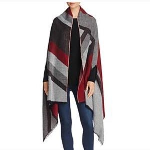 Aqua Gray and Red Geometric Poncho